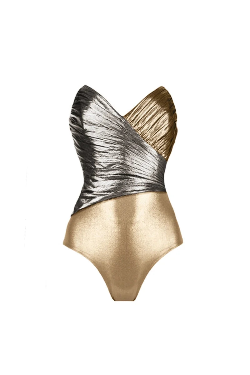 Cutout Gold Patchwork One-Piece Skirt Set