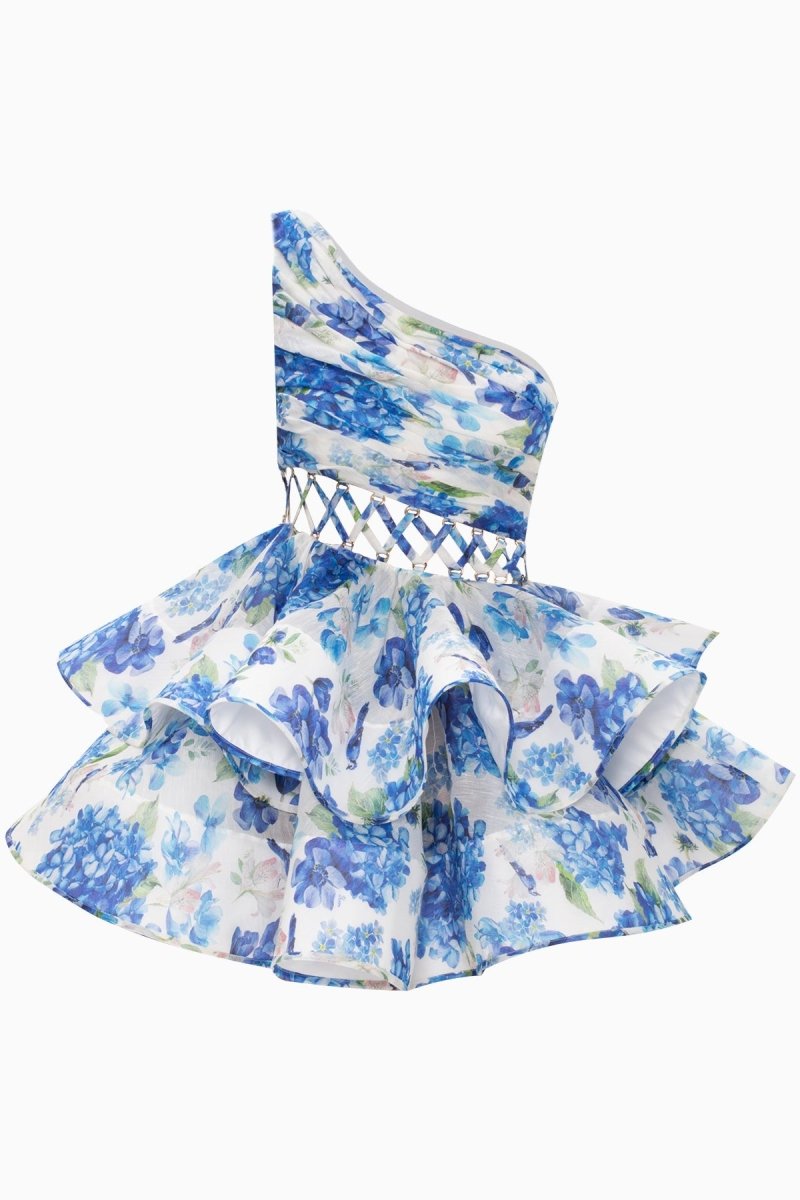 dresses - Andrea Floral Printed One - shoulder Mini Chiffon Dress - SD00708193389 - Blue - S - Sunfere