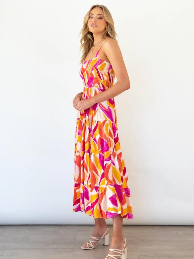 Andrea Printed Shirred Bodice Tiered Maxi Sundress-Sunfere