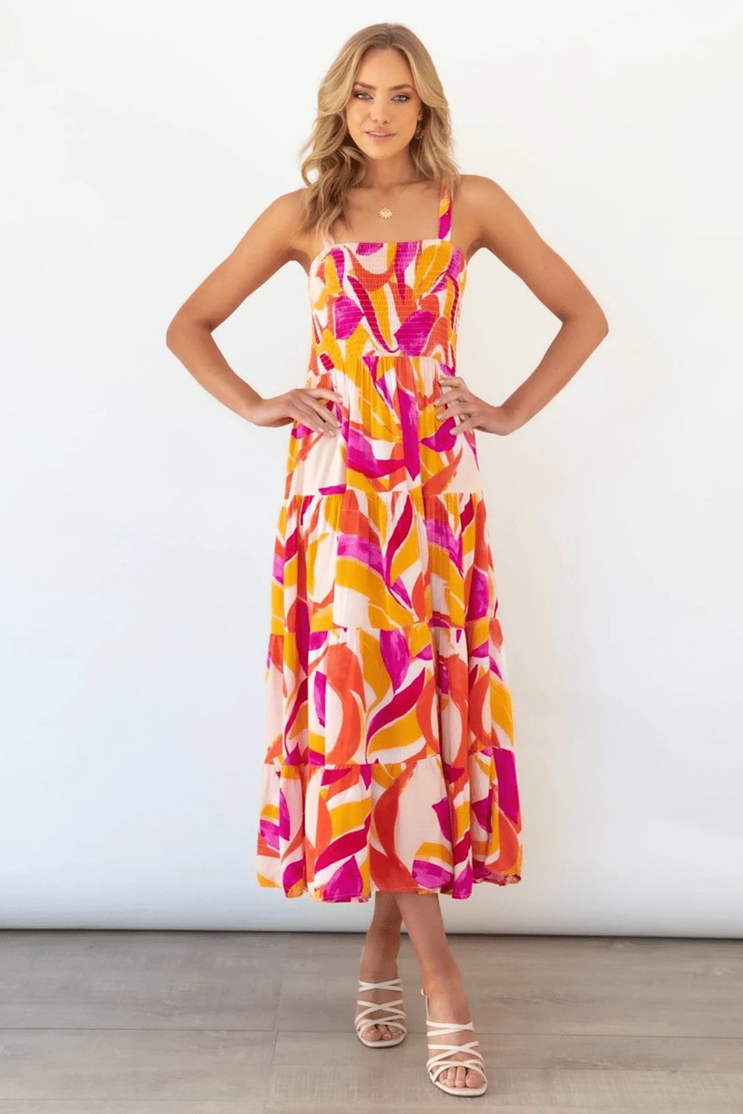 Andrea Printed Shirred Bodice Tiered Maxi Sundress-Sunfere