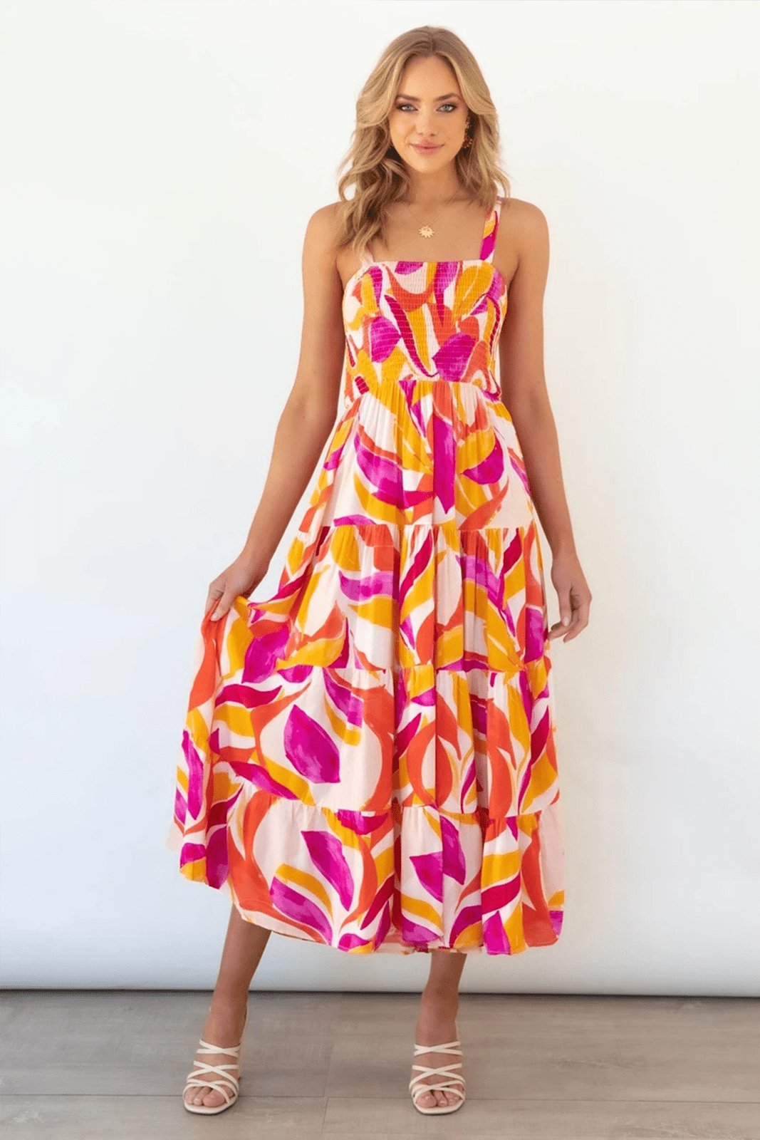 Andrea Printed Shirred Bodice Tiered Maxi Sundress-Sunfere