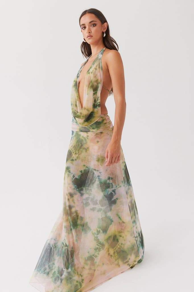 dresses-Antonia Printed Halterneck Maxi Dress-SD00604022605-Green-S - Sunfere