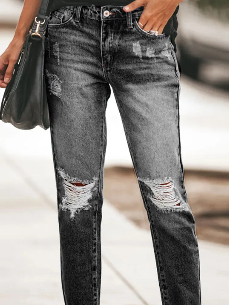 Pantaloni Casual in Denim Sdrucito alla Moda