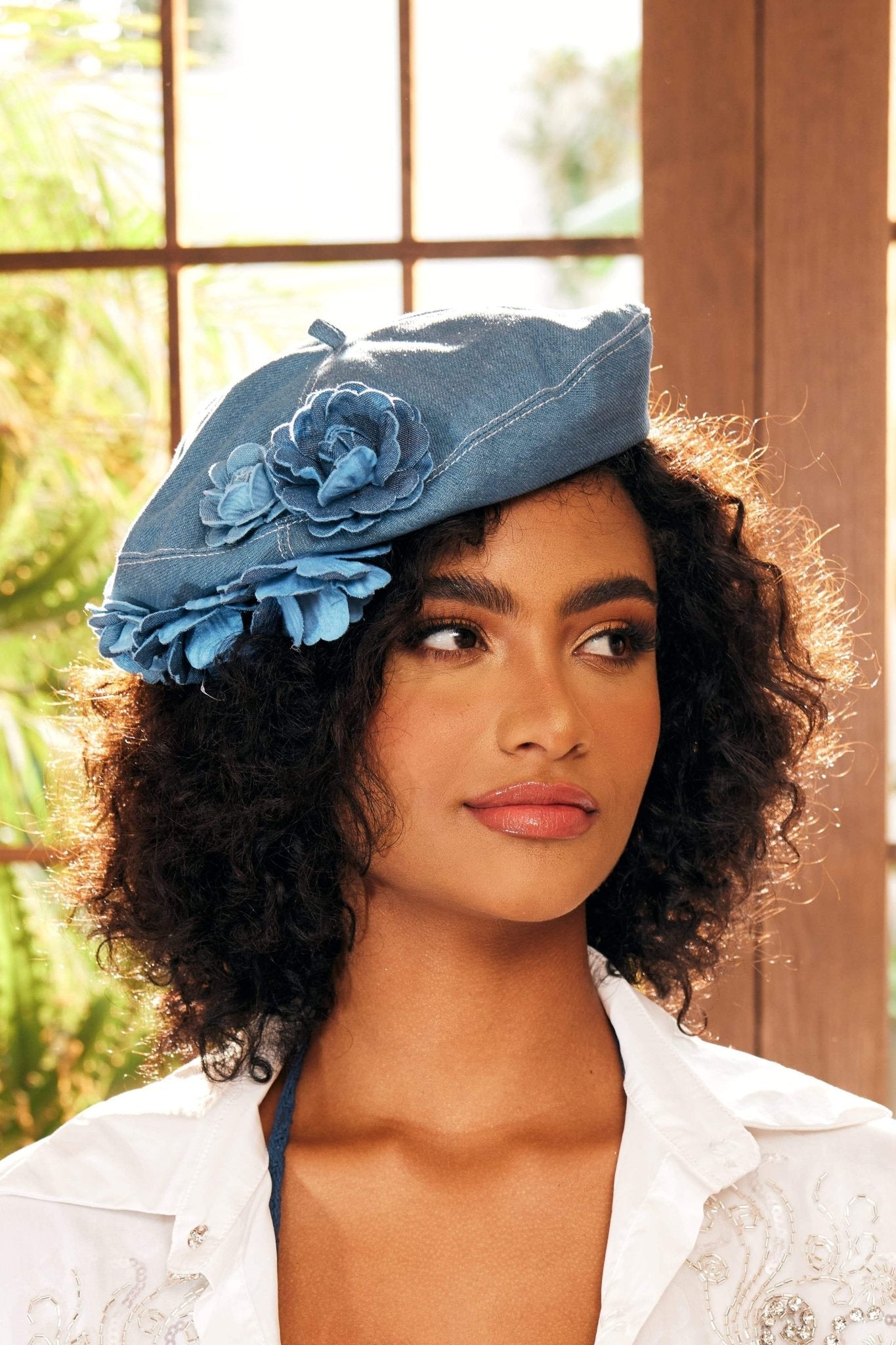 Camellia Denim Beret Hat-Sunfere