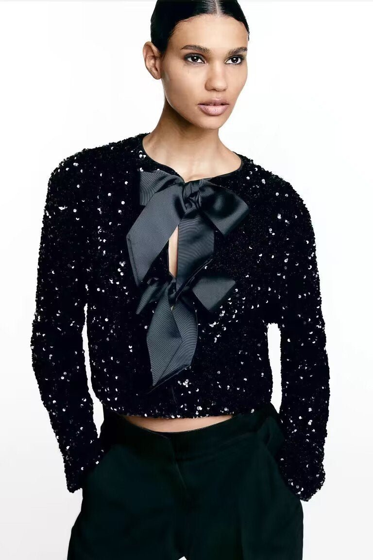 Cara Bow-tie Sequins Crop Top-Sunfere