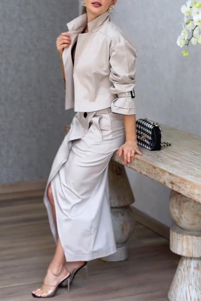 Fashion Lapel Jacket & Split Skirt Two-Piece Set