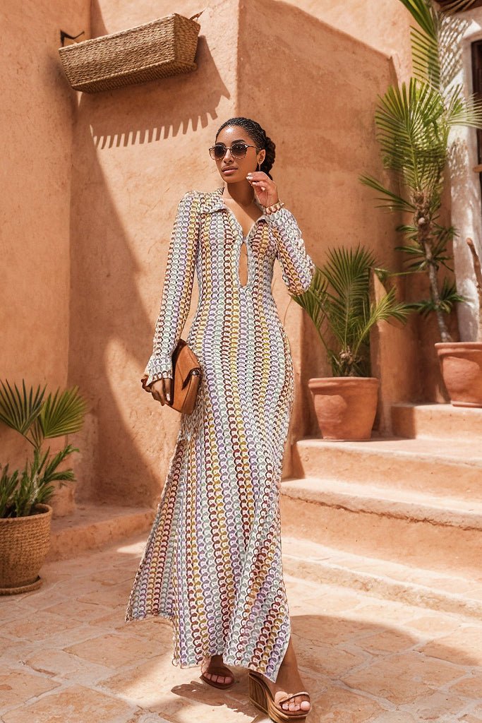 Dawn V-neck Collared Crochet Maxi Dress