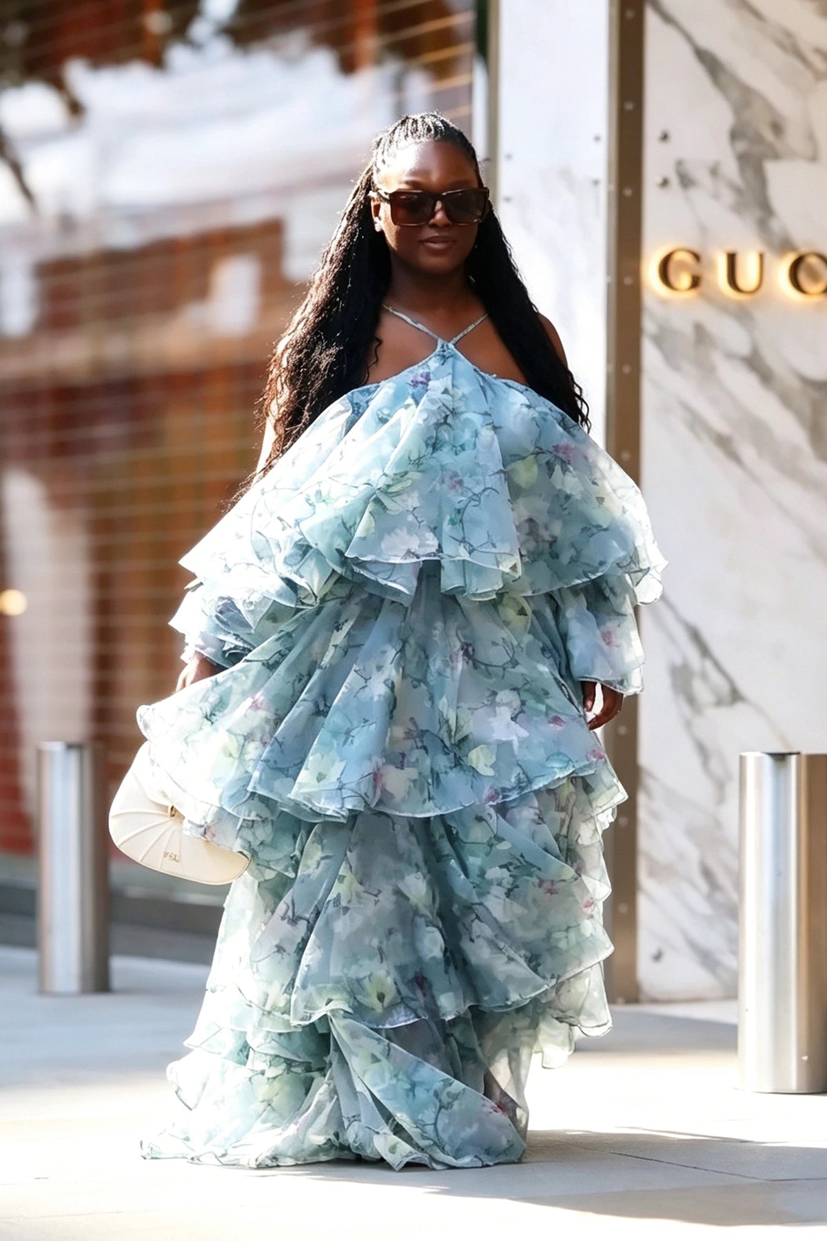 Blue Floral Tiered Ruffle Halter Maxi Dress