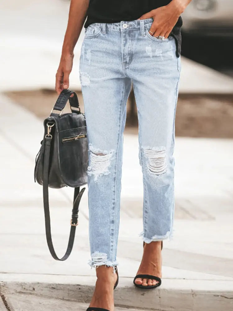 Pantaloni Casual in Denim Sdrucito alla Moda