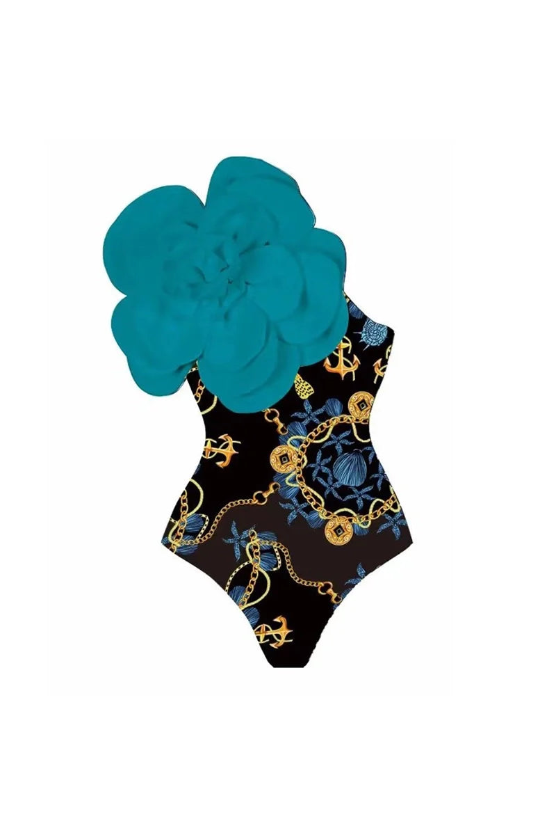 3D Blue Floral Print One-Piece Swimwears