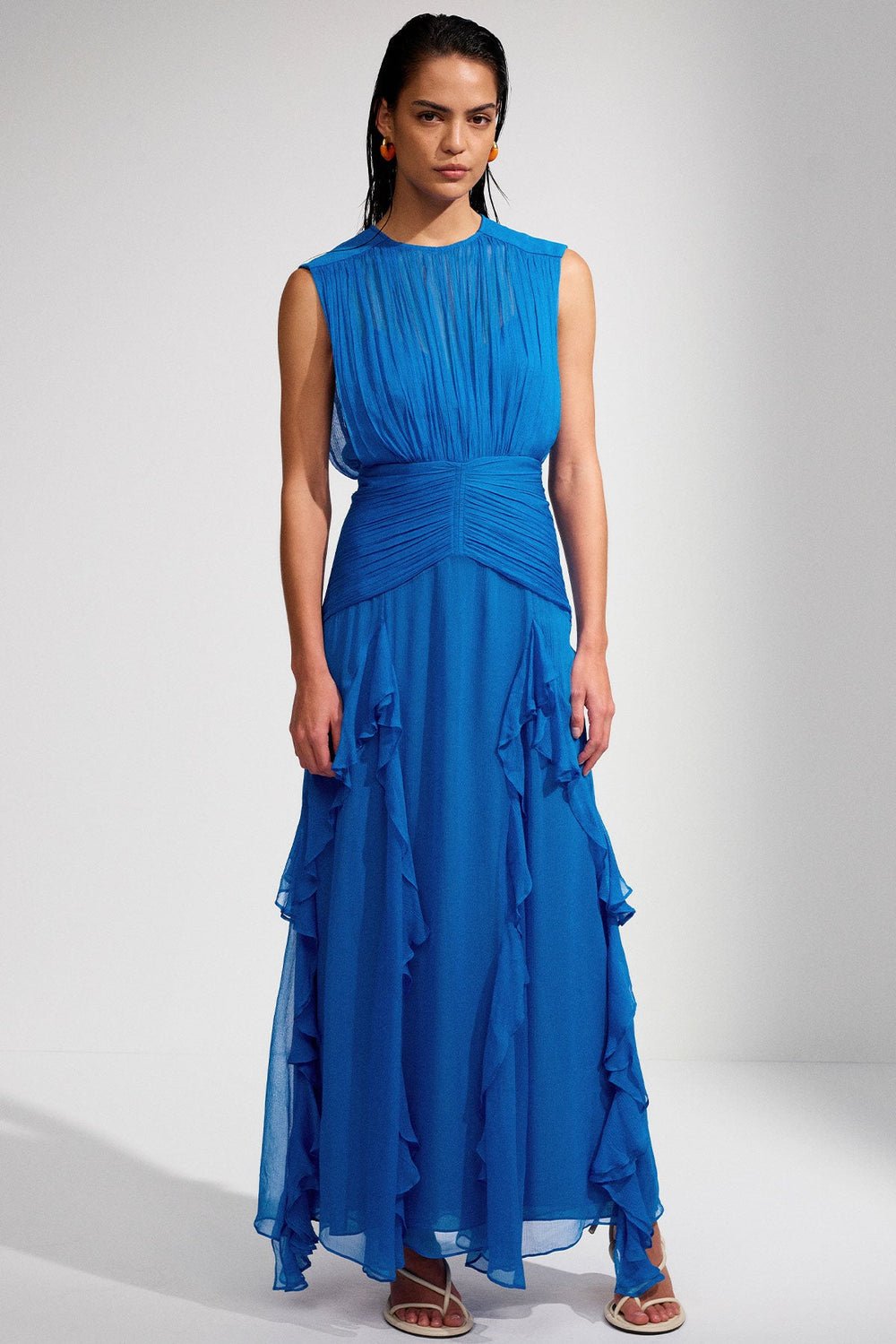 Round Neck With Ruffles Eileen Pleated Round Neck Ruffle Maxi Dress