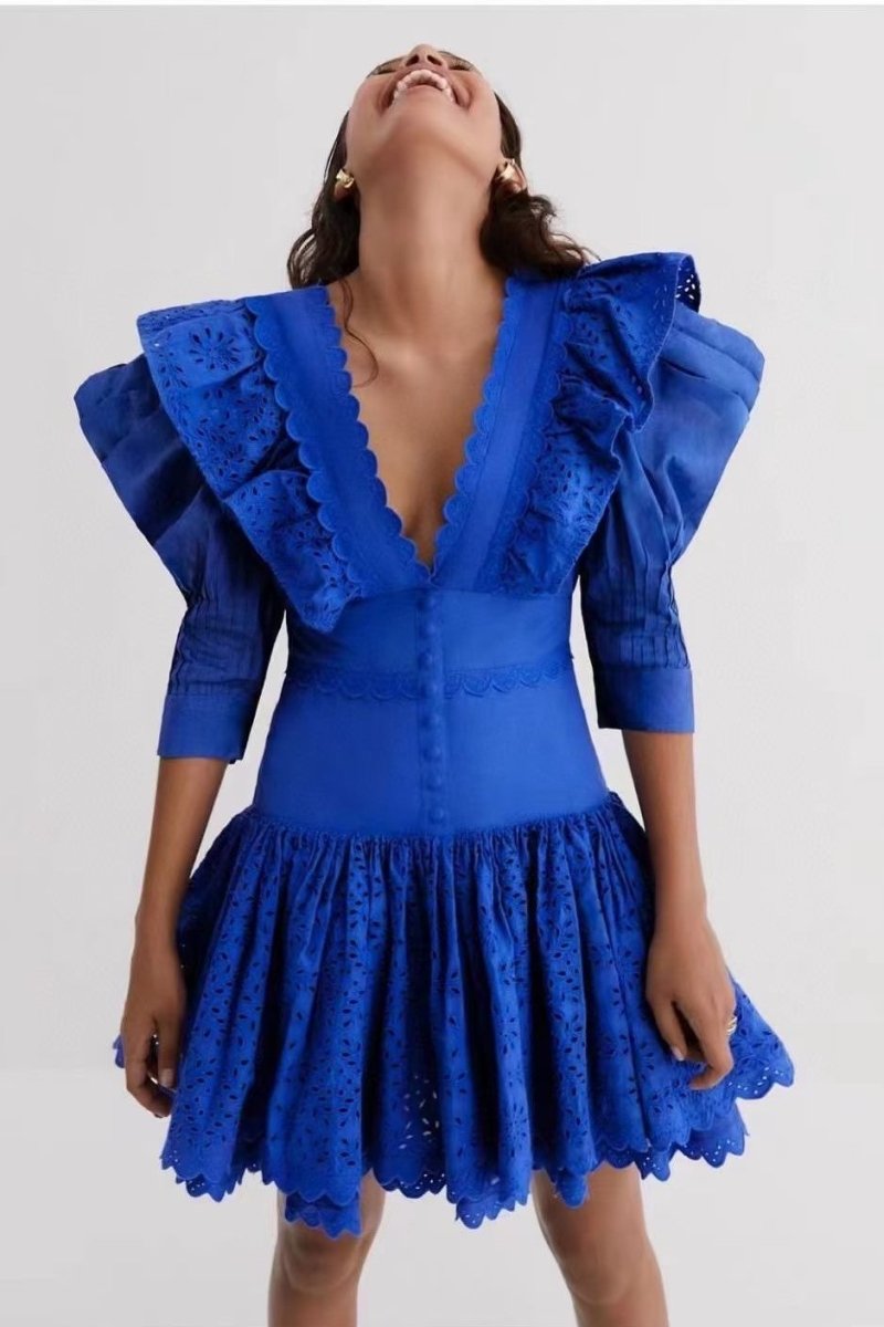 dresses-Elma Embroidered Ruffled Mini Dress-SD00604102655-Blue-S - Sunfere