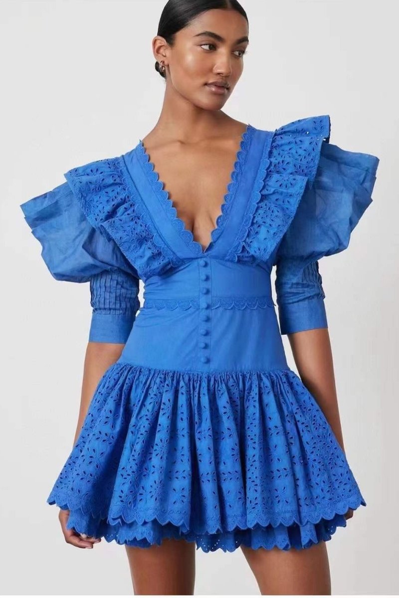 dresses-Elma Embroidered Ruffled Mini Dress-SD00604102655-Blue-S - Sunfere