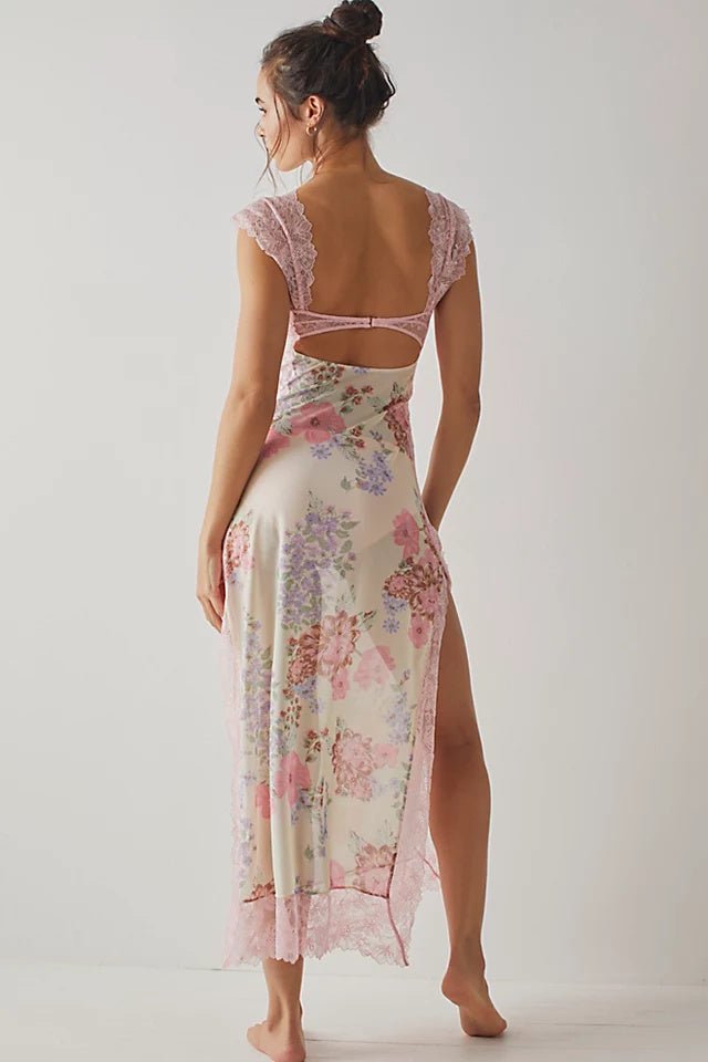 Elma Floral Printed Cut-out Mesh Maxi Slip Dress