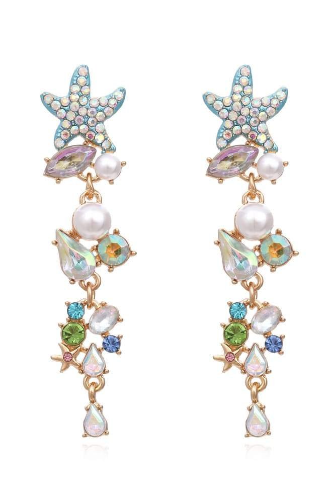 Enamel Crystal Pearl Starfish Drop Earrings-Sunfere