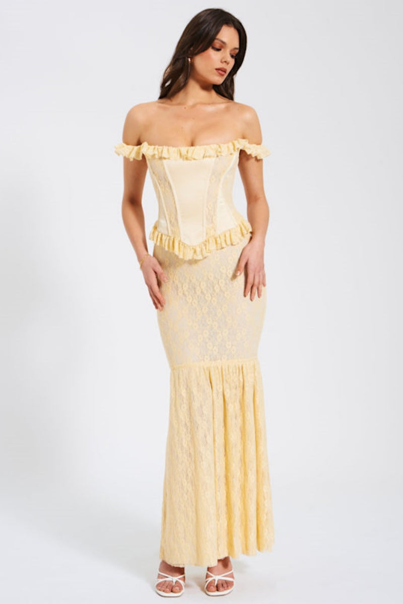 Satin Lace Peplum Corset Off Shoulder Maxi Dress