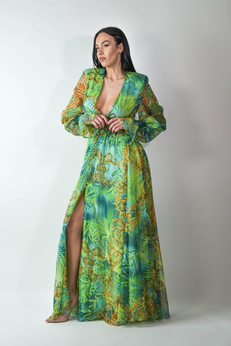 Eve Tropical Patterned V-nevk Maxi Dress-Sunfere