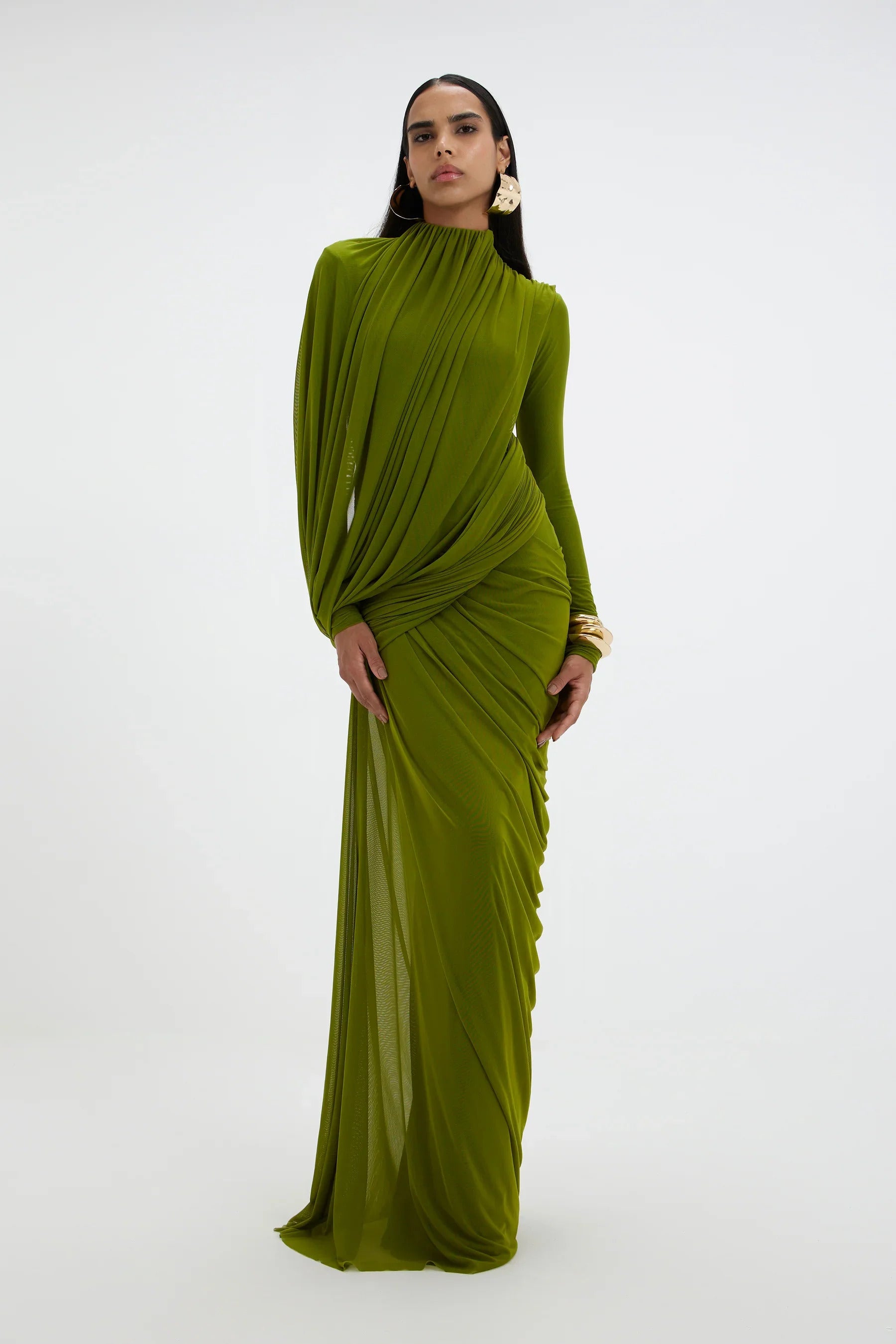 Sculptural Matcha Draped Maxi Dress
