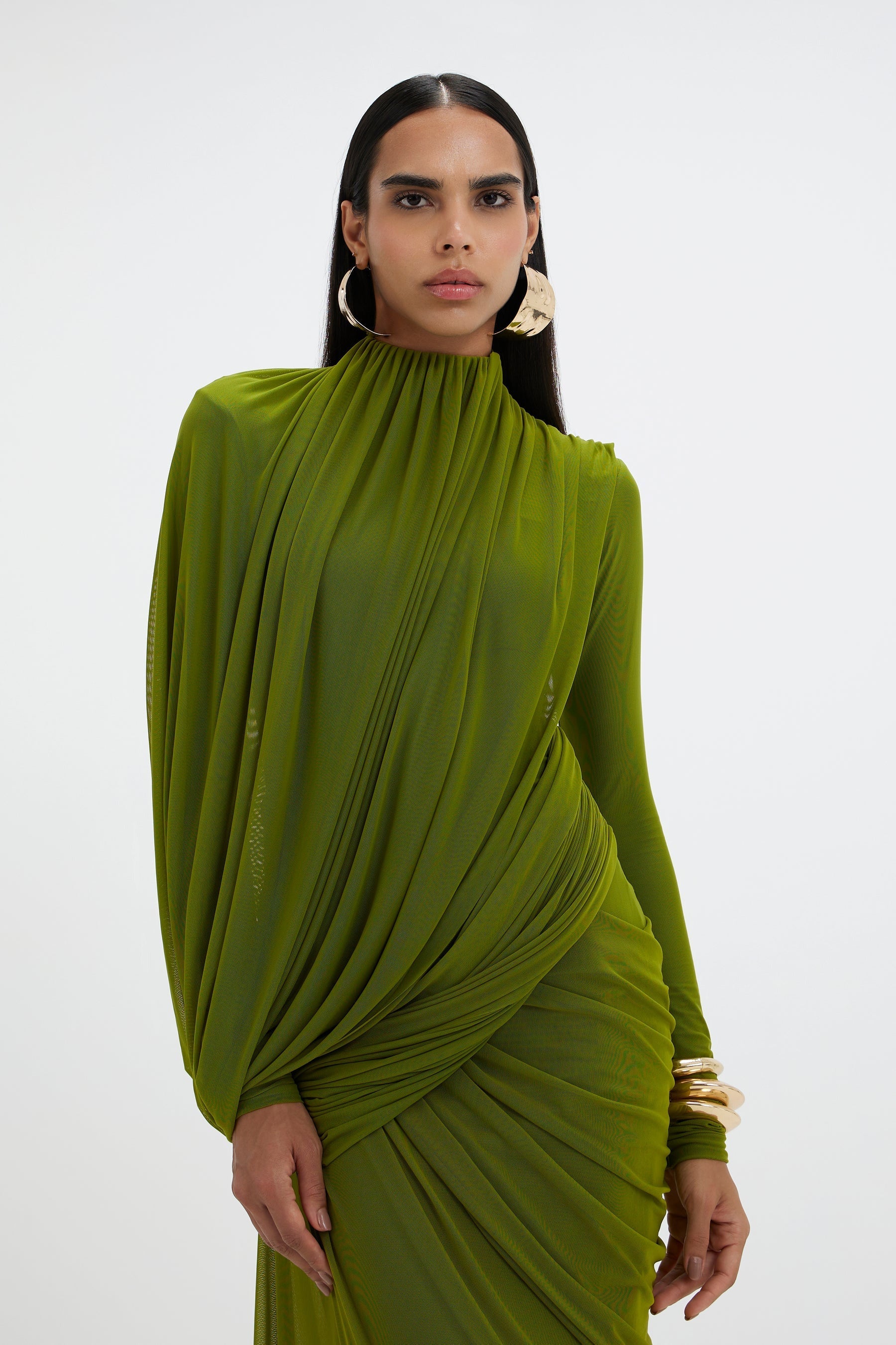 Sculptural Matcha Draped Maxi Dress