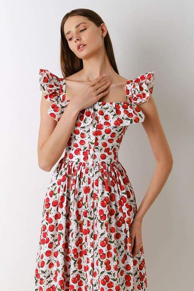 dresses-Griselda Cherry Printed Ruffle Midi Dress-SD00604192713-Red-S - Sunfere