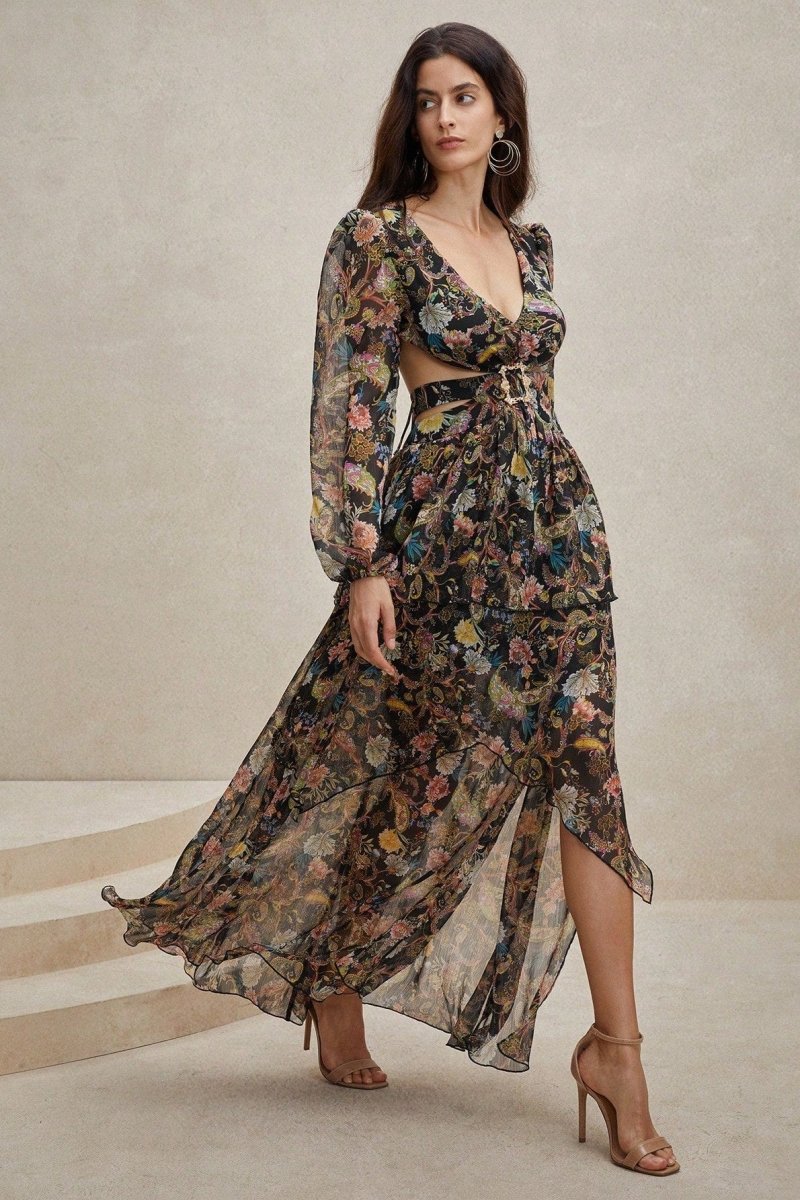 Griselda Floral Printed Cut-out Chiffon Maxi Dress-Sunfere