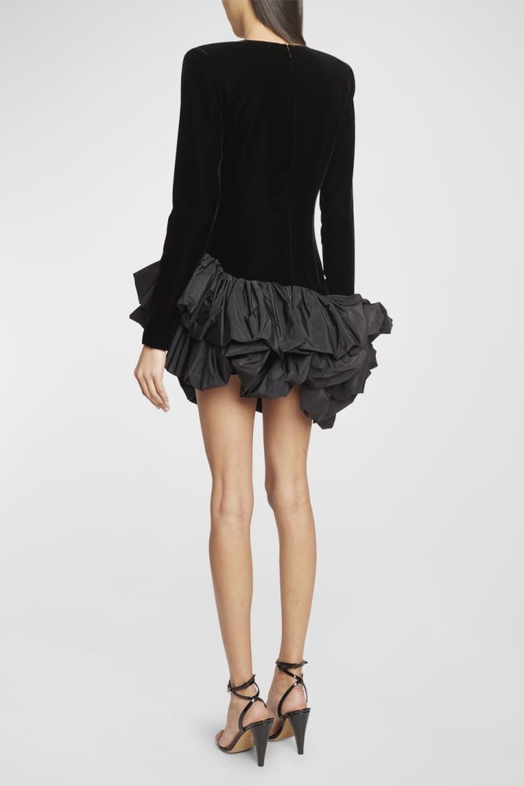 Hermosa Ruffle Asymmetric Hem Mini Velvet Dress