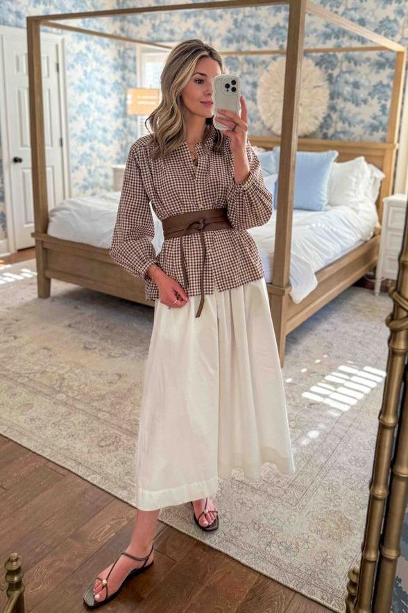 Gingham Shirt & White Midi Skirt Set（Free Belt）