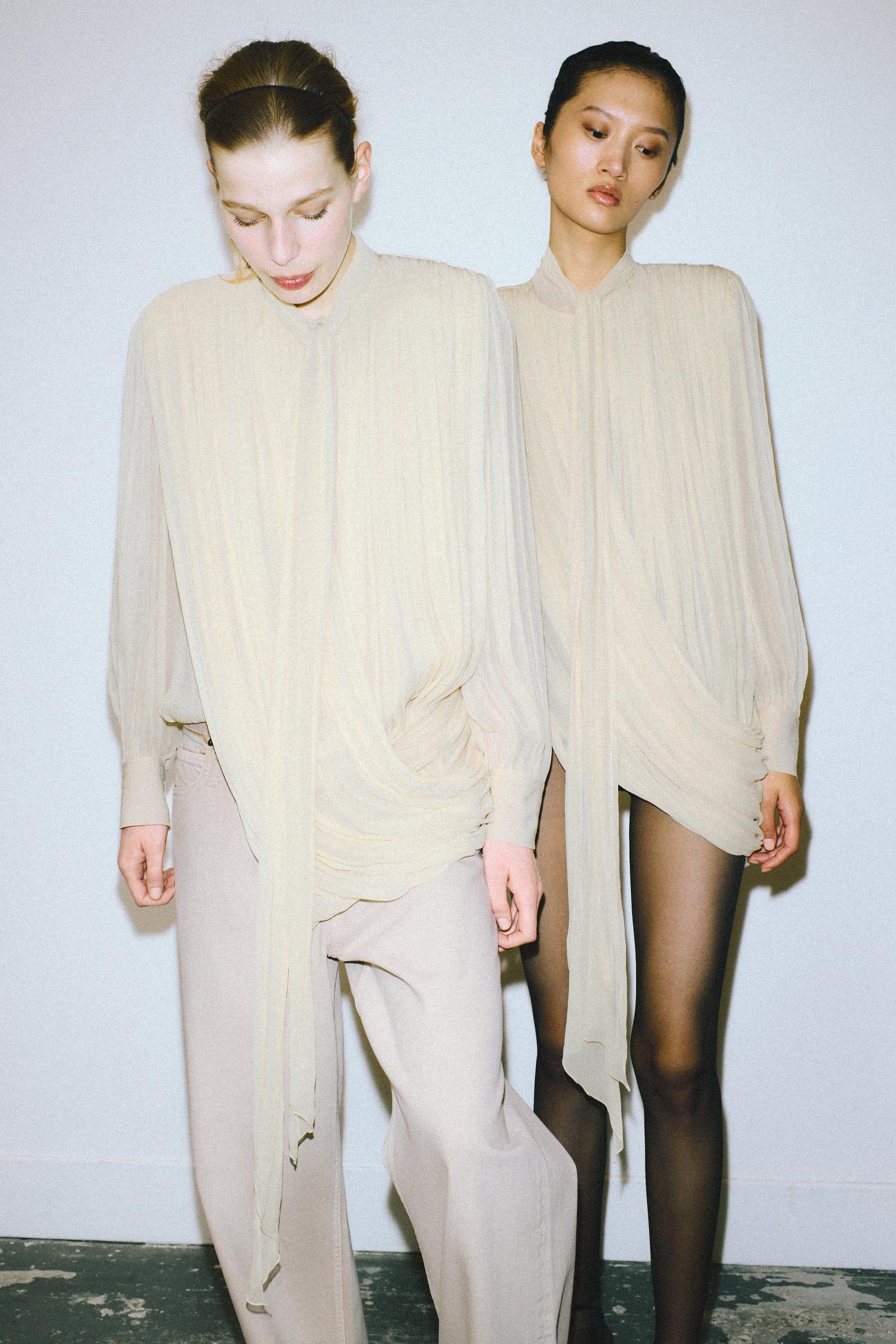 Tie-Neck Pleated Blouse