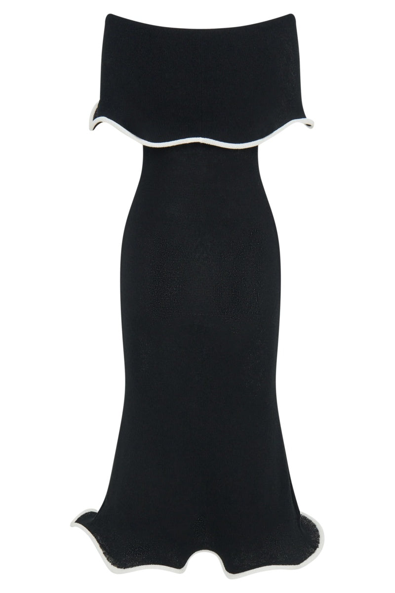 Off-The-Shoulder Contrast Ruffle Midi Dress
