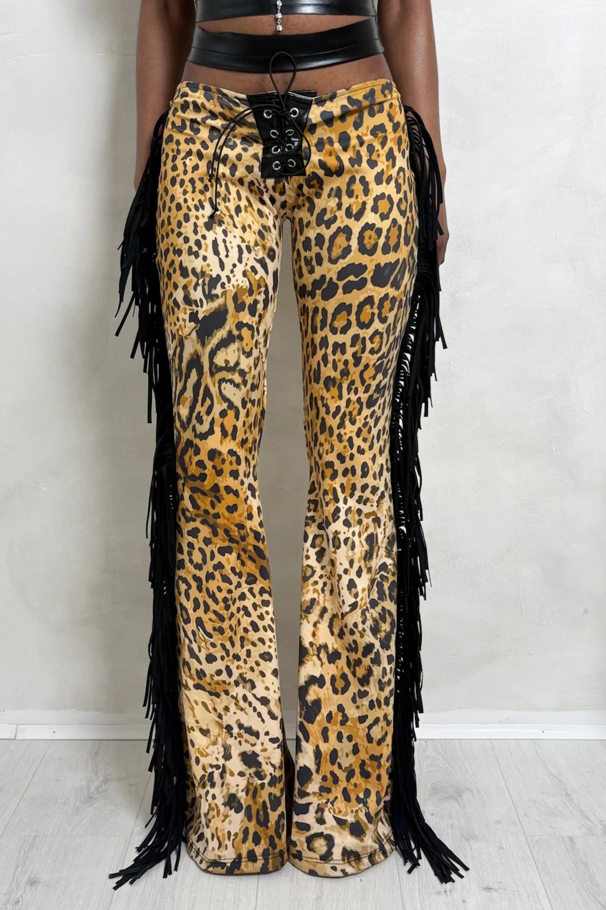 Leopard Fringe Lace‑Up Flare Pants