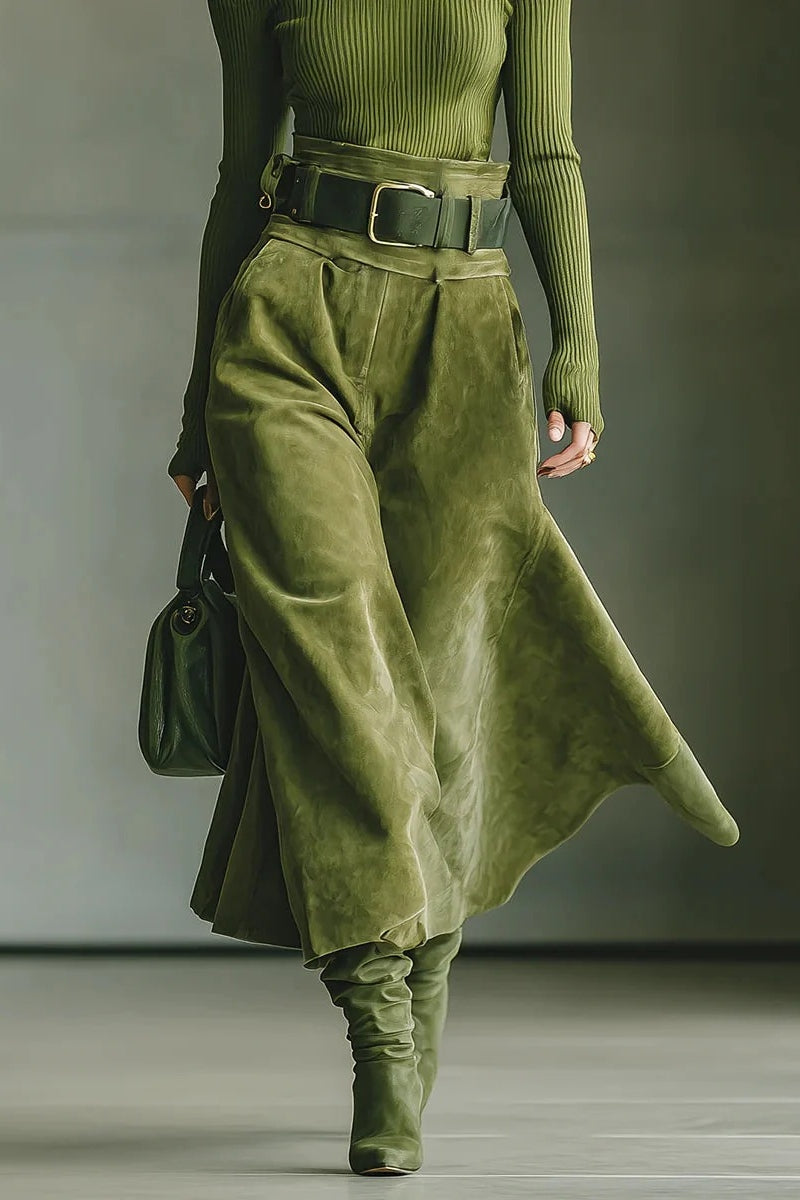 Olive green off-shoulder top and faux suede skirt set（Includes belt）