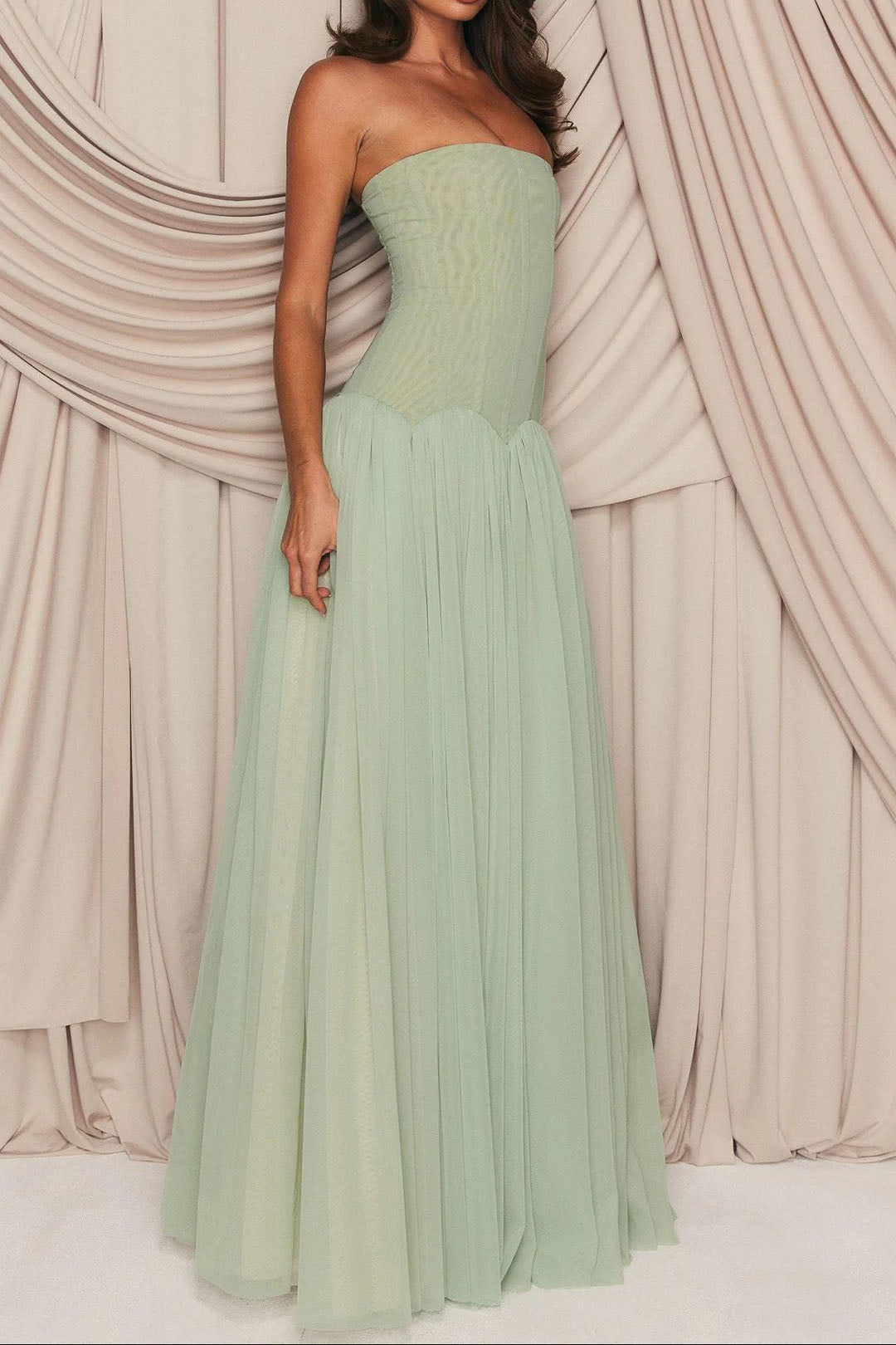 Sage Strapless Corset Tulle Maxi Dress