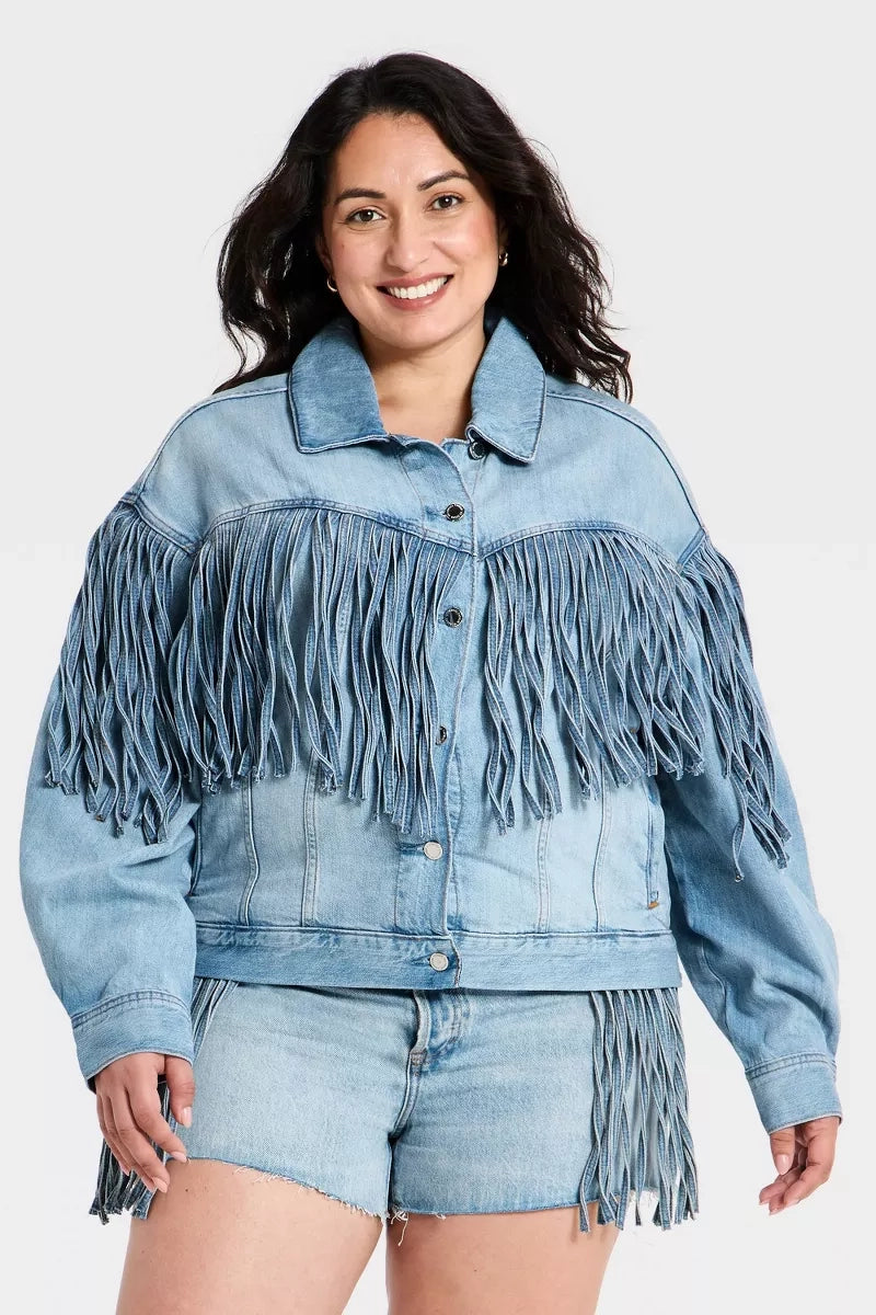 Ternet oversized jakke med revers og ternede frynser