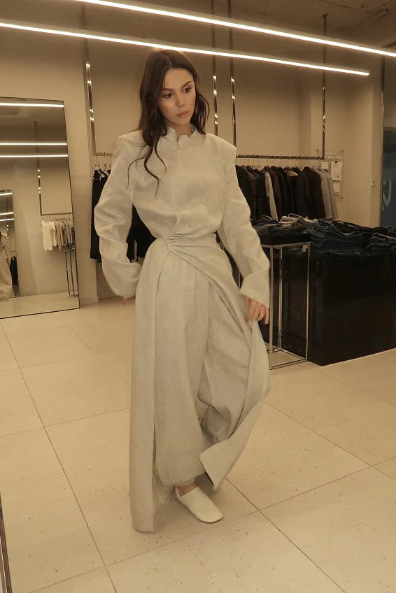 Beige Oversized Structured Pants Set