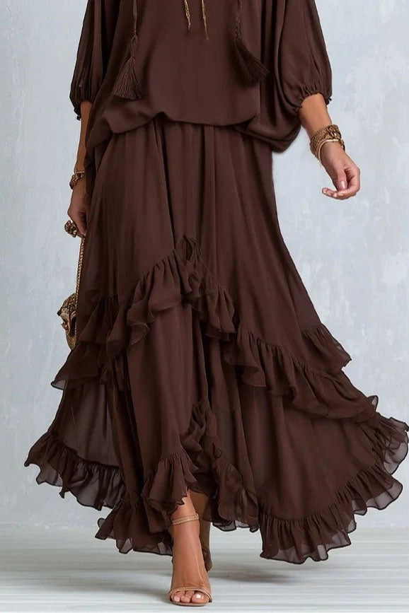 Vintage Print Blumme-Schichten-Fransel-Maxi-Jupe
