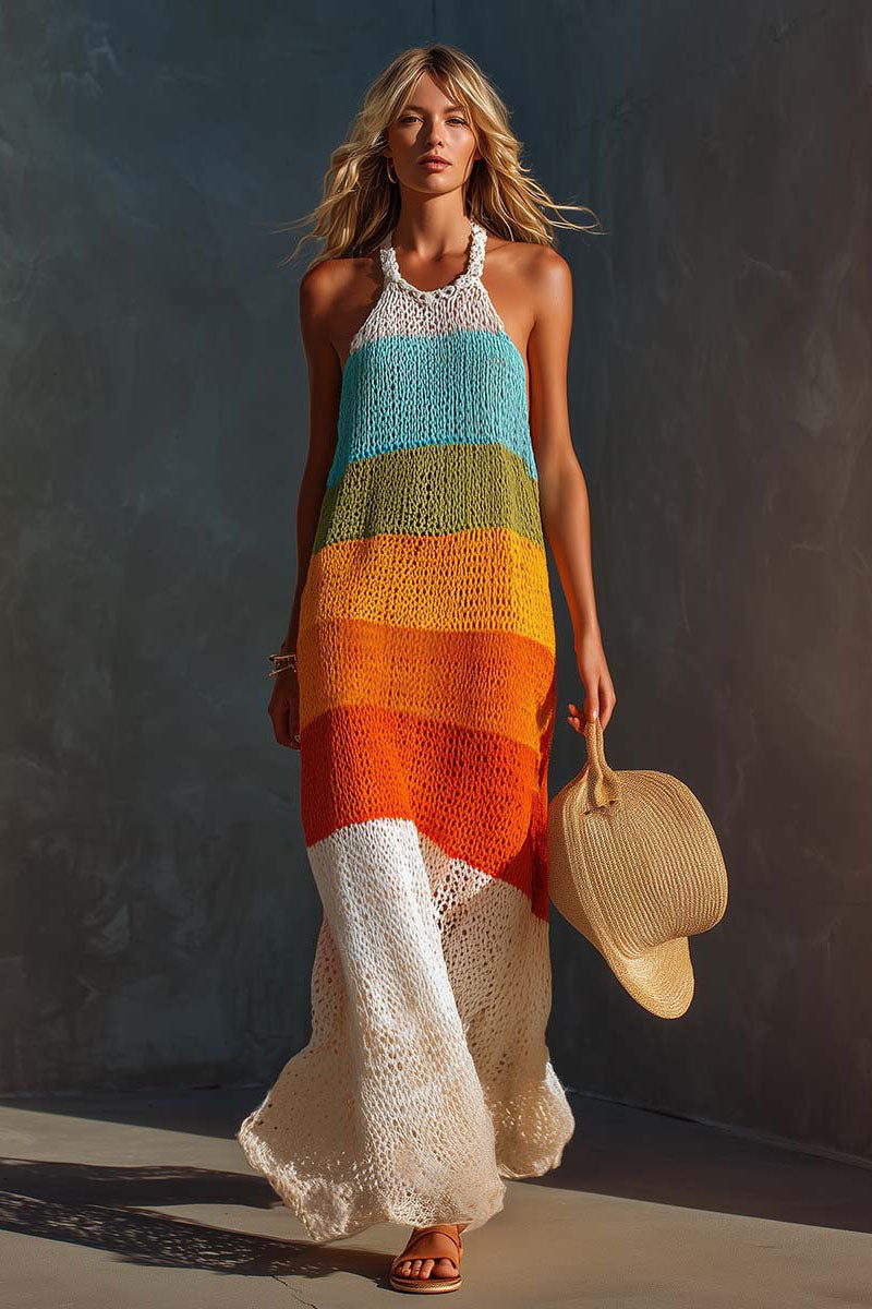Colorful Halter Stripe Maxi Dress