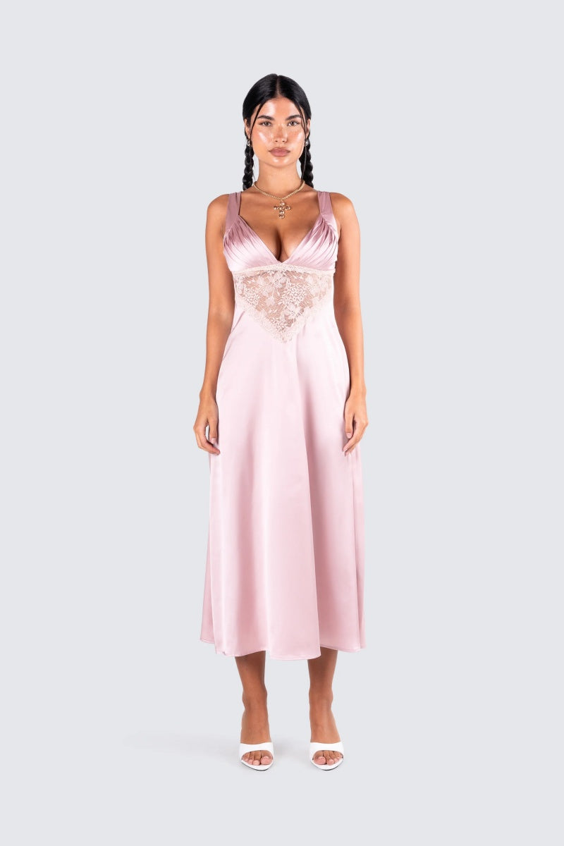 Pink Satin Lace Midi Dress