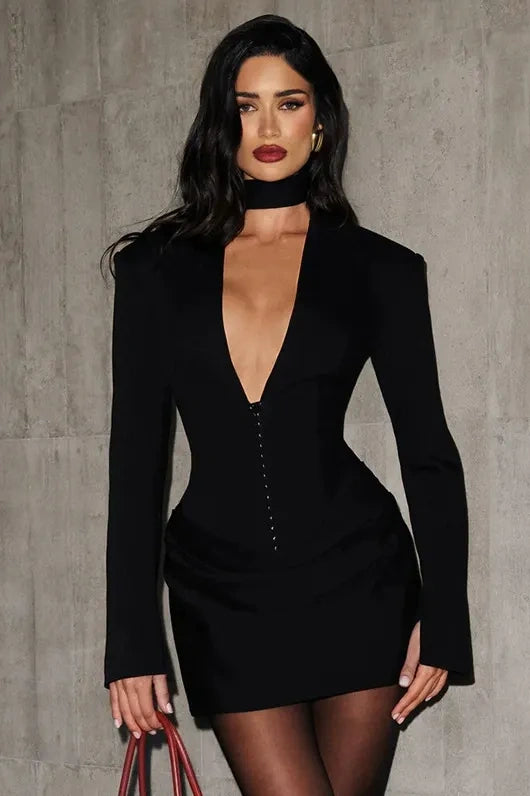 Deep V-Neck Blazer Mini Dress