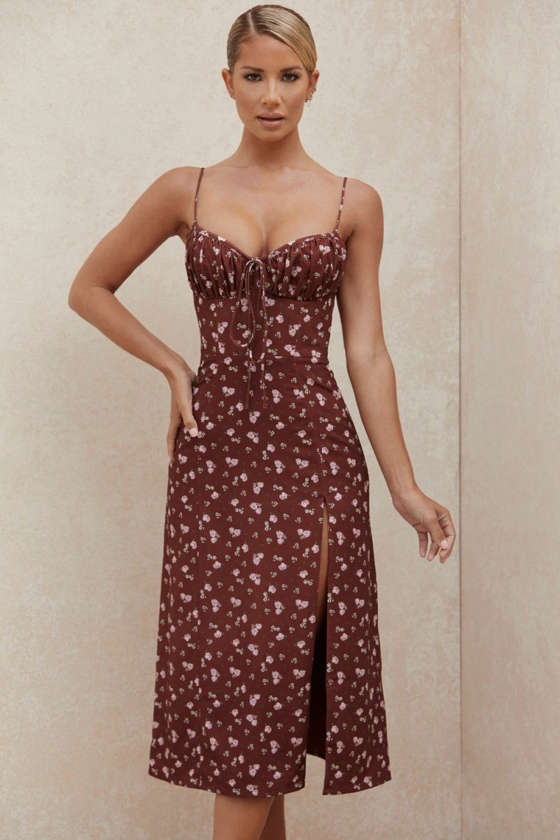 Floral Print Open Back Suspender Midi Dresses