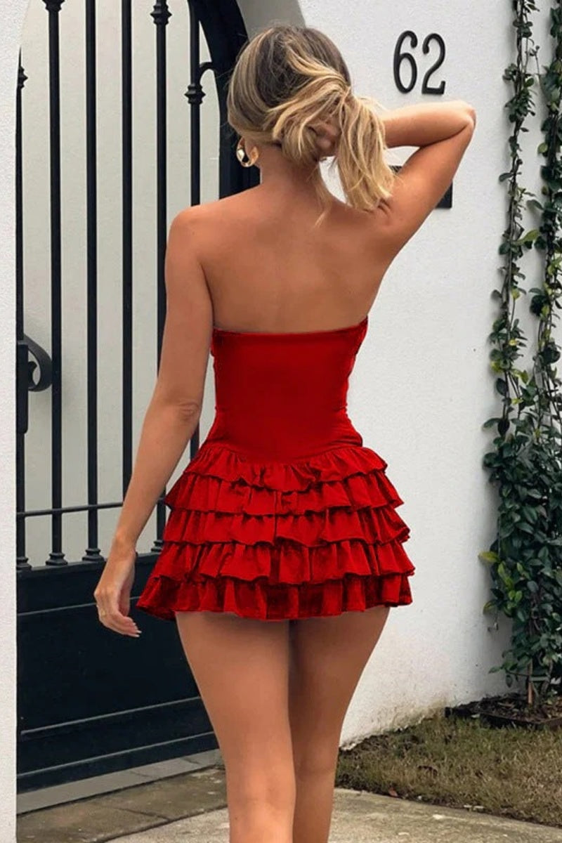 Solid Color Strapless Eyelet Ruffle Mini Dress