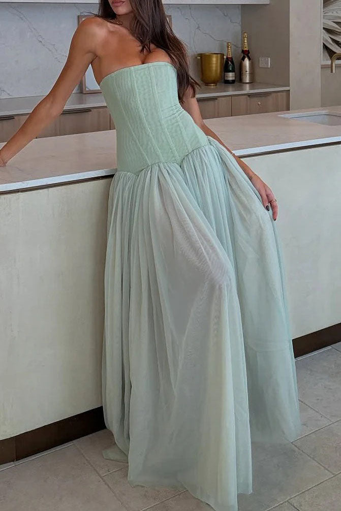 Sage Strapless Corset Tulle Maxi Dress