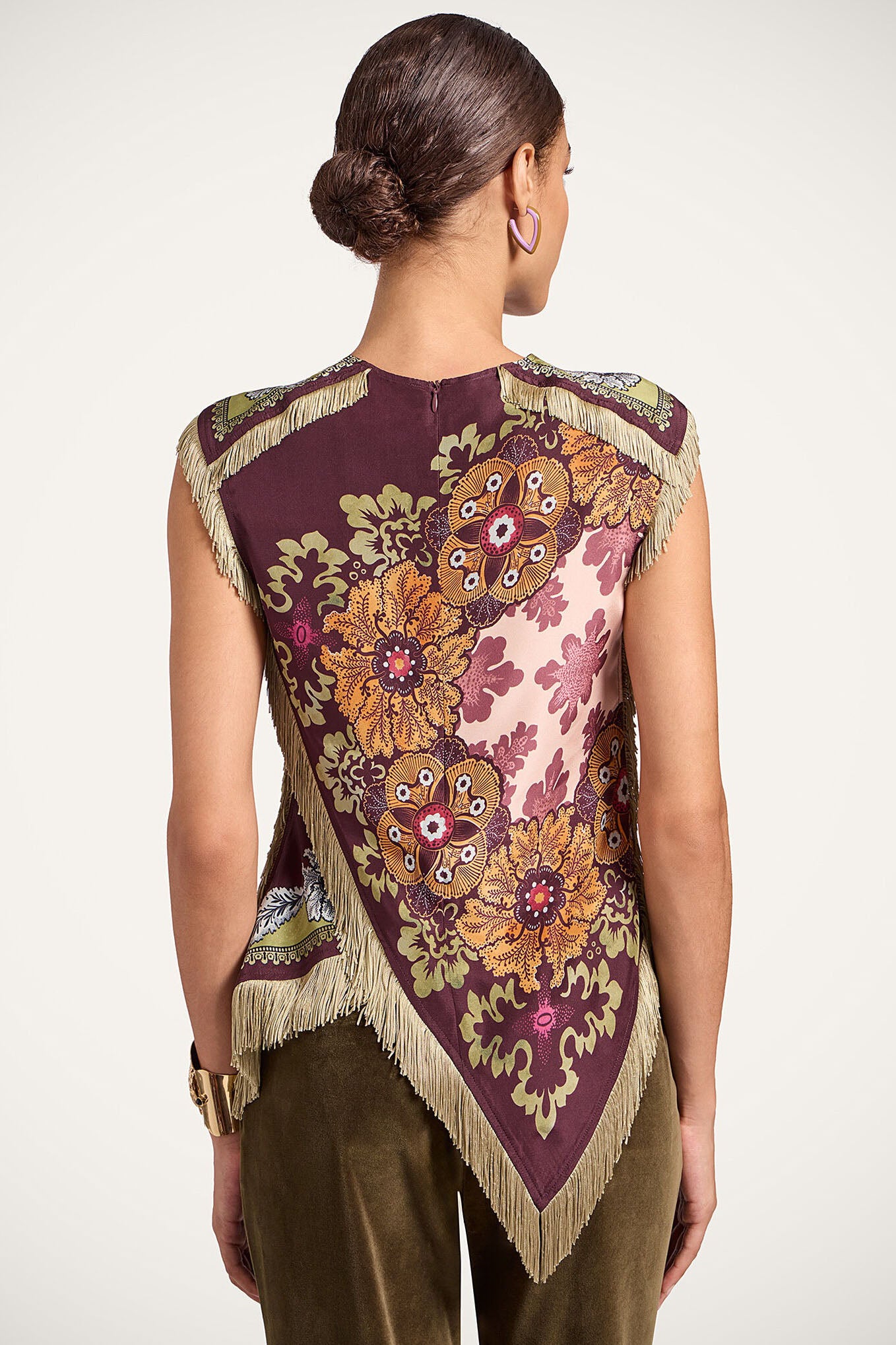 Boheme Blomstret Asymmetrisk Top med Frynser