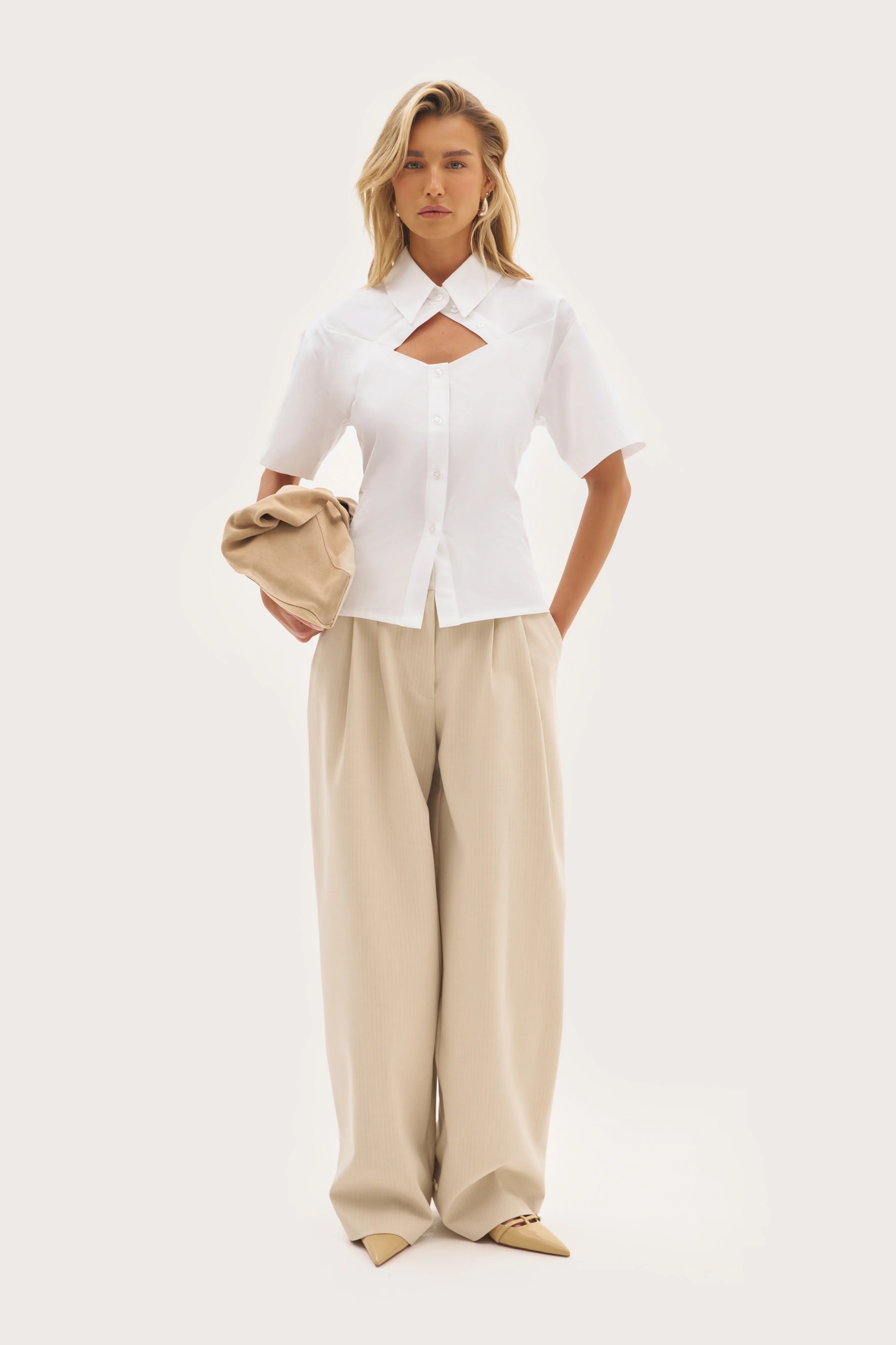 Short Sleeve Waist-Cinched White Shirt