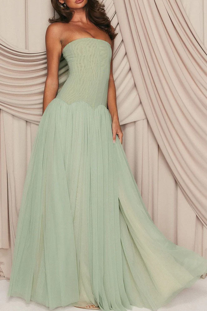 Sage Strapless Corset Tulle Maxi Dress