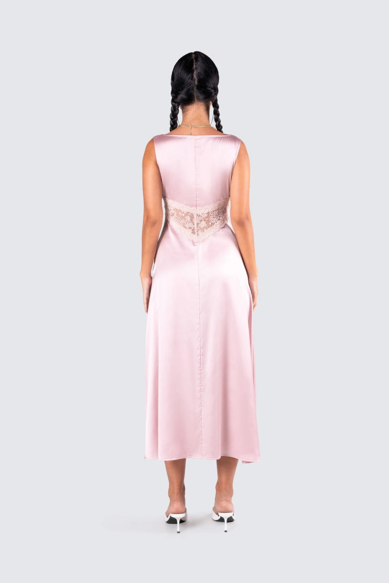 Pink Satin Lace Midi Dress
