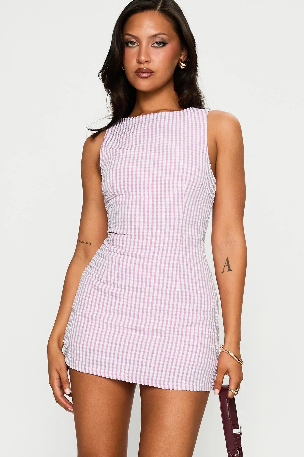 Rosa Gingham ärmellos Mini-Kleid