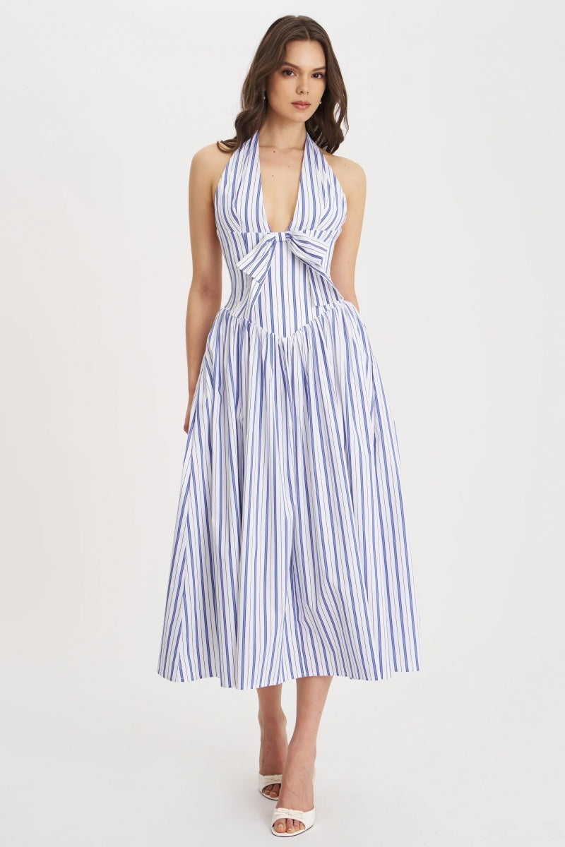 Navy Striped Halter Maxi Dress