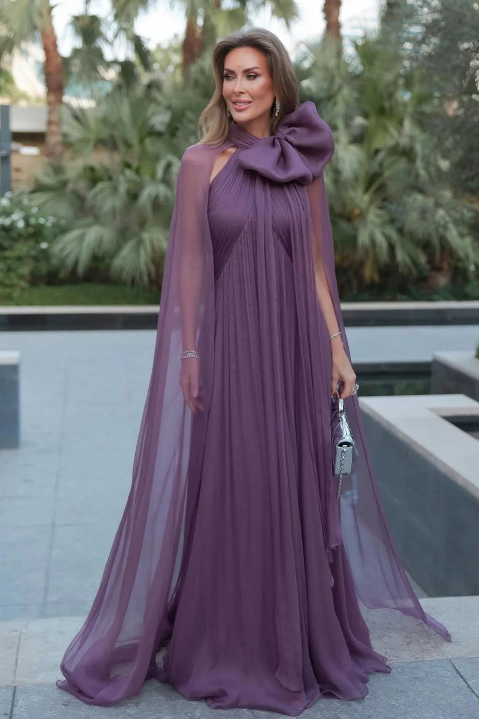 Mauve Chiffon Bow Cape Sleeve Pleated Maxi Gown