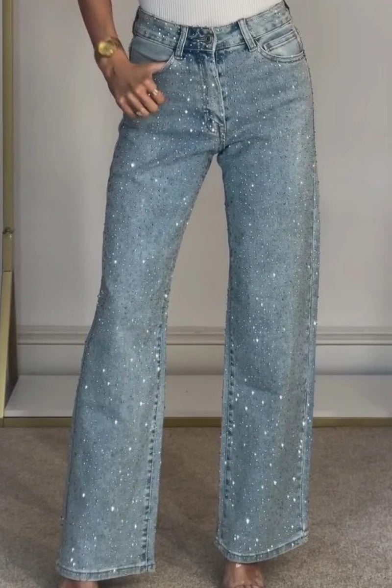 Héich Taille Diamanté Straight Leg Jeans