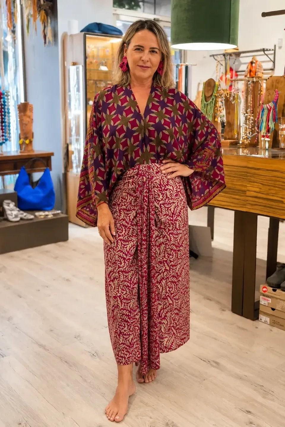 Vintage-Druck Blumenmuster Lagenlook Fransen-Maxirock
